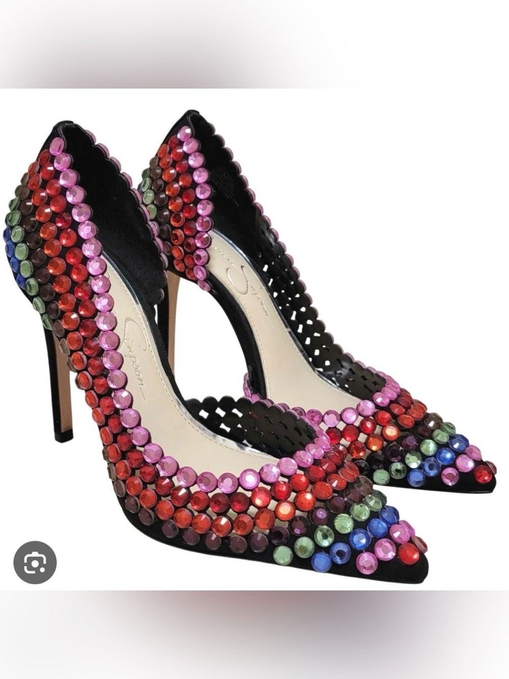 Jessica Simpson Black Pointed-Toe High Heels with Multicolor Rhinestones